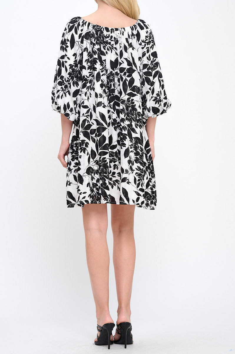 Floral Print Off the Shoulder Dress with Puff Sleeve-3