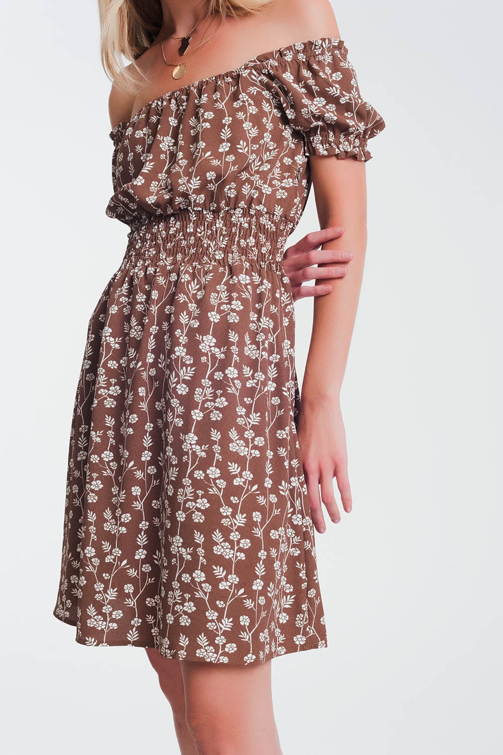 Brown Mini Bardot Dress in Floral Print-4