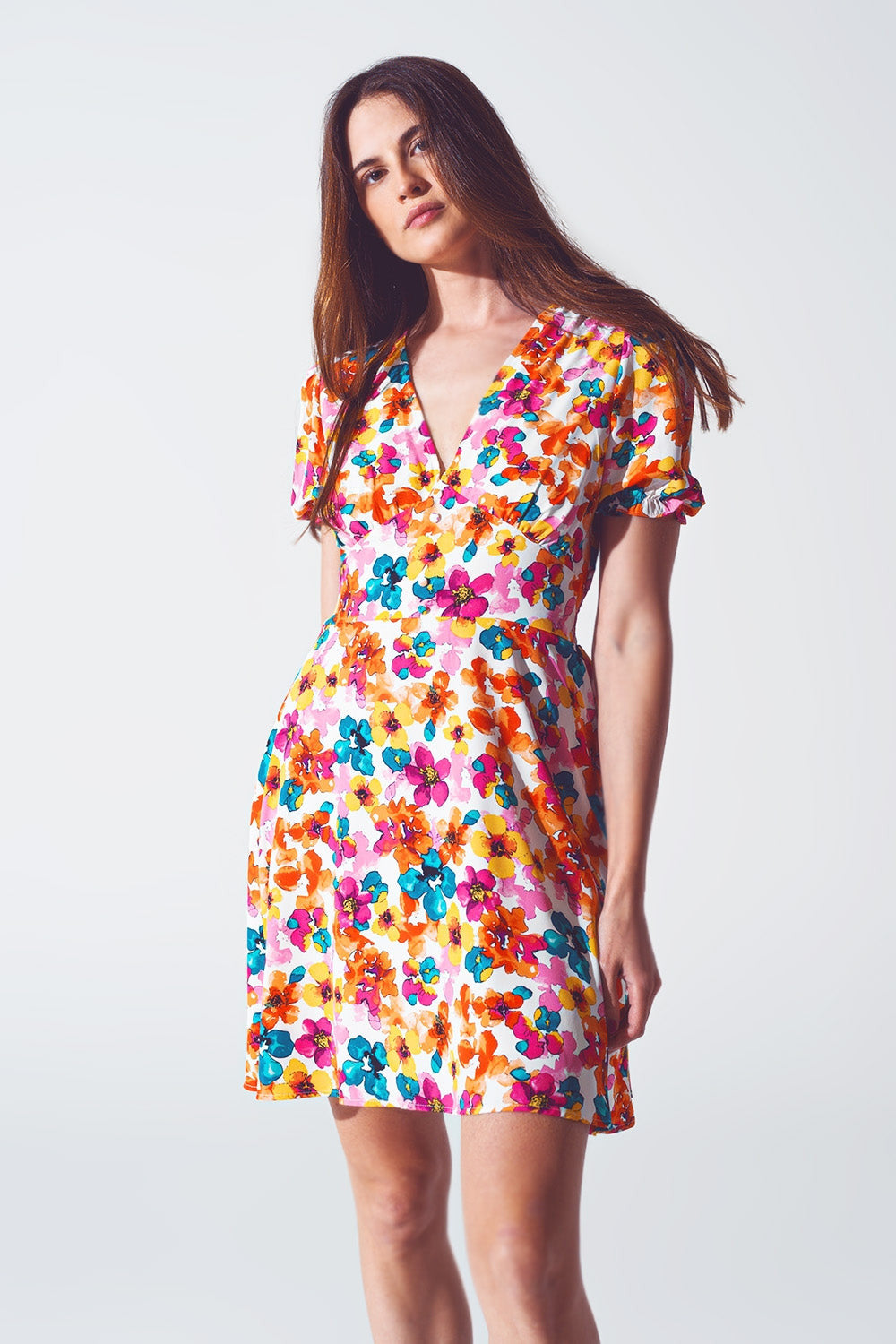 Short Dress With Cinched Waist in Multicolor Floral Print-2