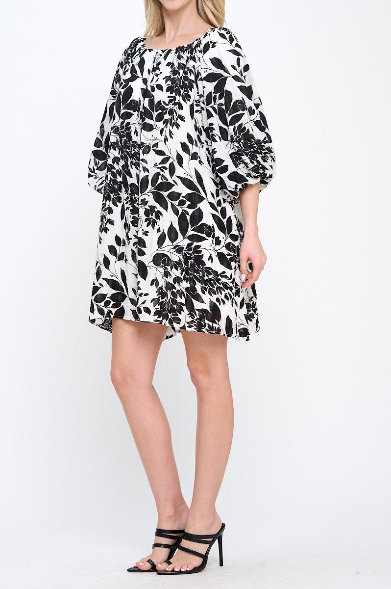 Floral Print Off the Shoulder Dress with Puff Sleeve-2