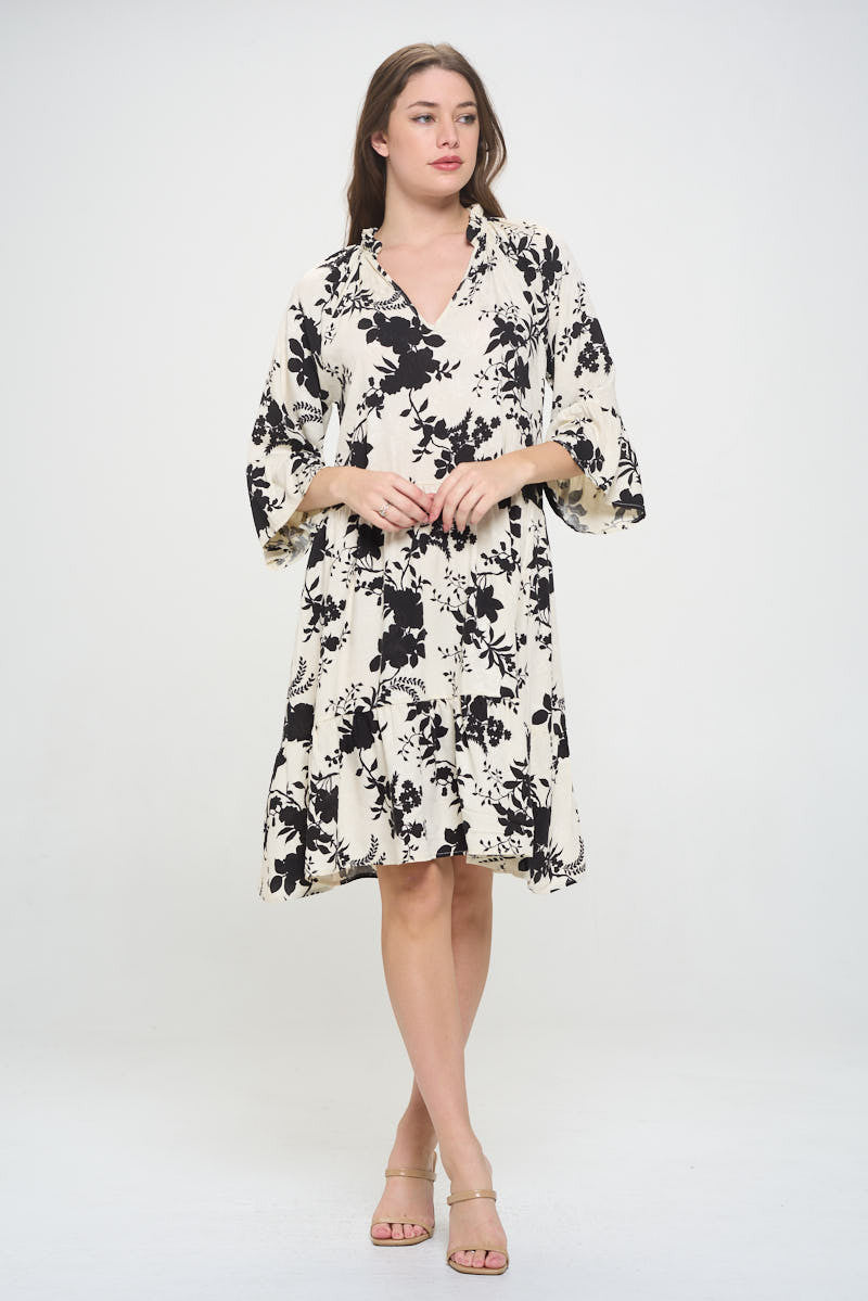Floral Print V neck 3/4 Sleeve Tiered Dress-2