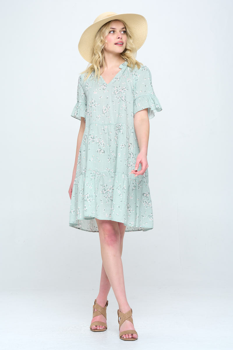Floral Print V Neck Tiered Dress-1