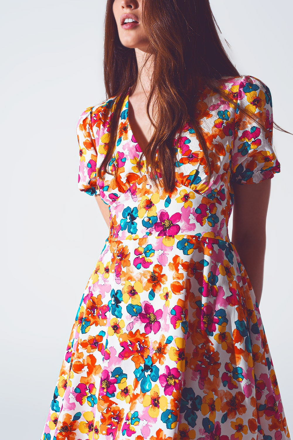 Short Dress With Cinched Waist in Multicolor Floral Print-3