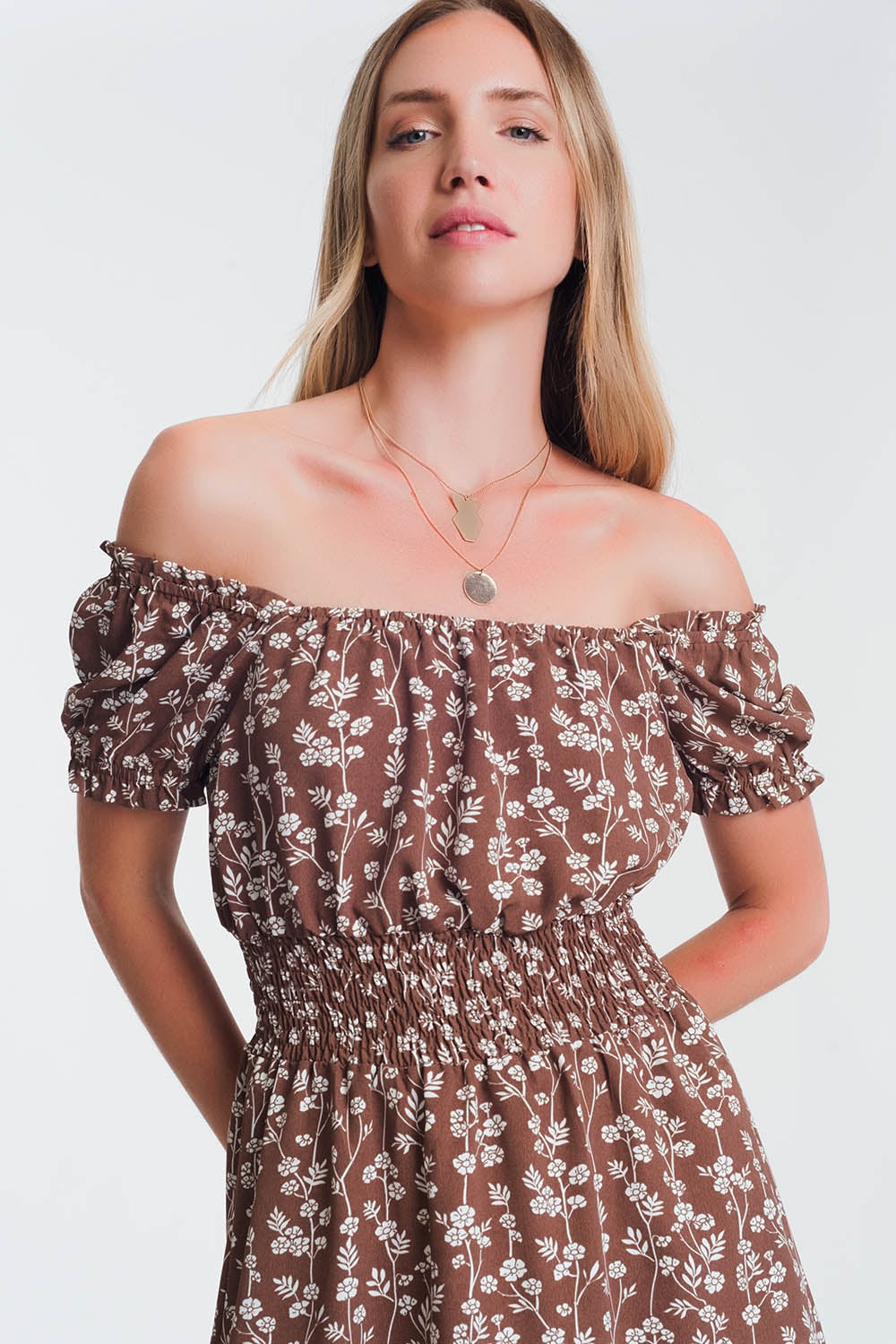 Brown Mini Bardot Dress in Floral Print-2
