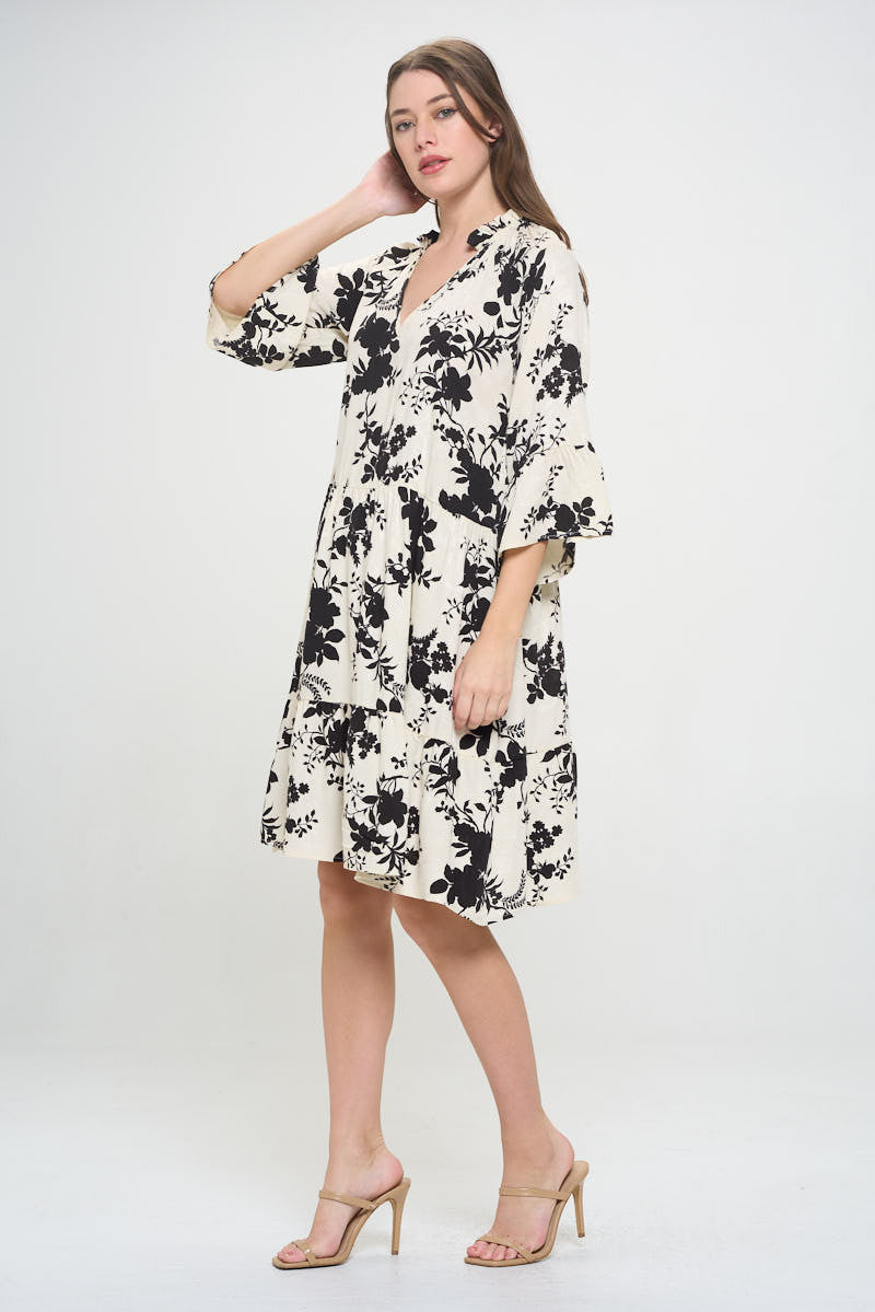 Floral Print V neck 3/4 Sleeve Tiered Dress-1