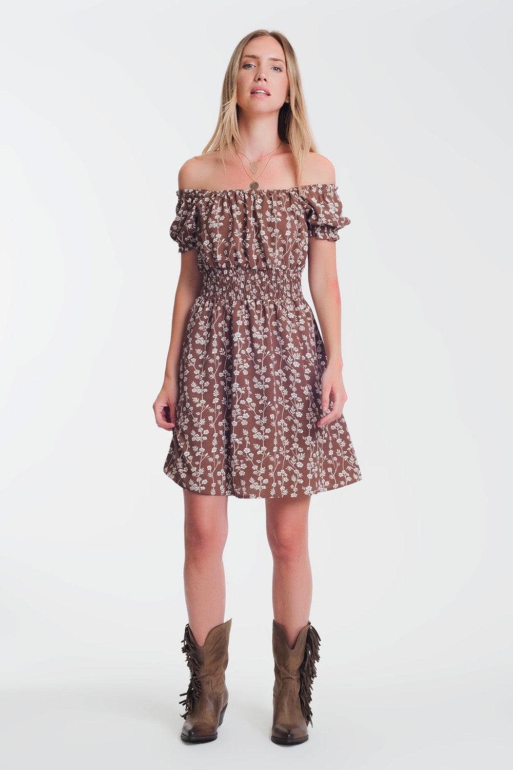 Brown Mini Bardot Dress in Floral Print-0