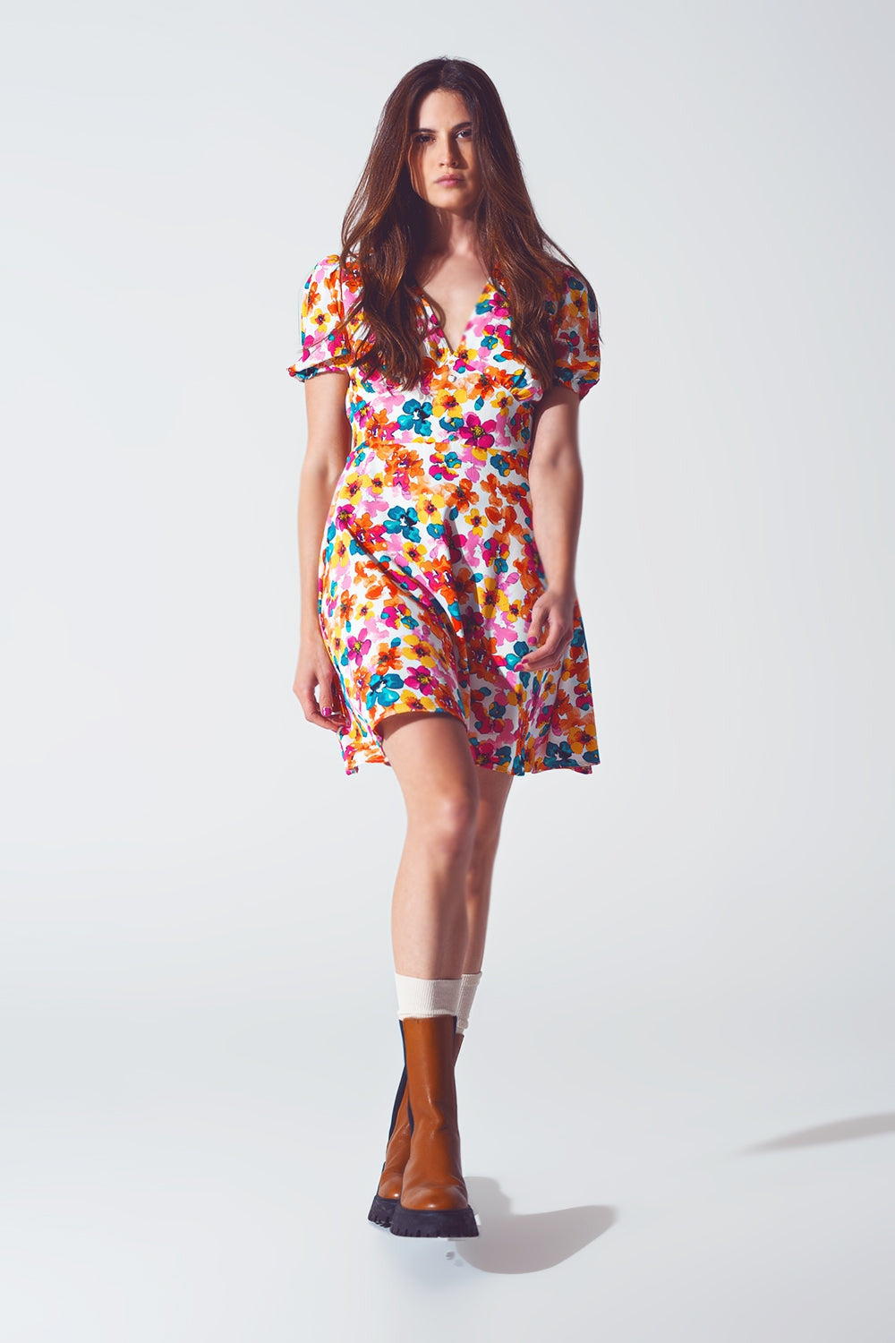 Short Dress With Cinched Waist in Multicolor Floral Print-0