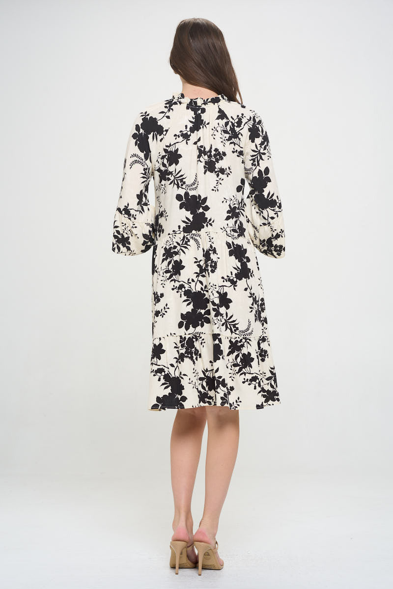 Floral Print V neck 3/4 Sleeve Tiered Dress-4