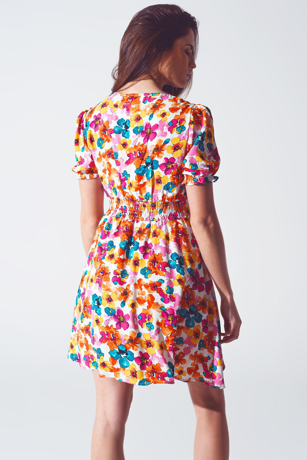 Short Dress With Cinched Waist in Multicolor Floral Print-1