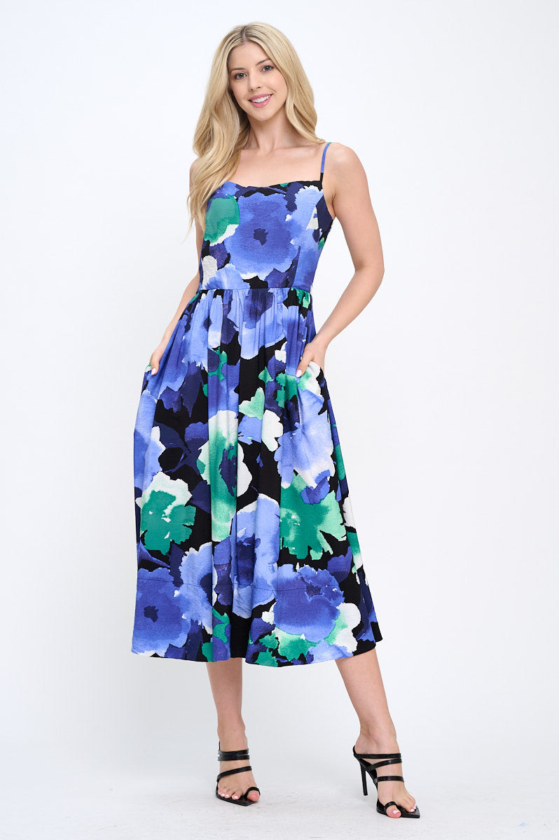 Floral Print Midi Dress with Smock Back Detail and Pockets-4
