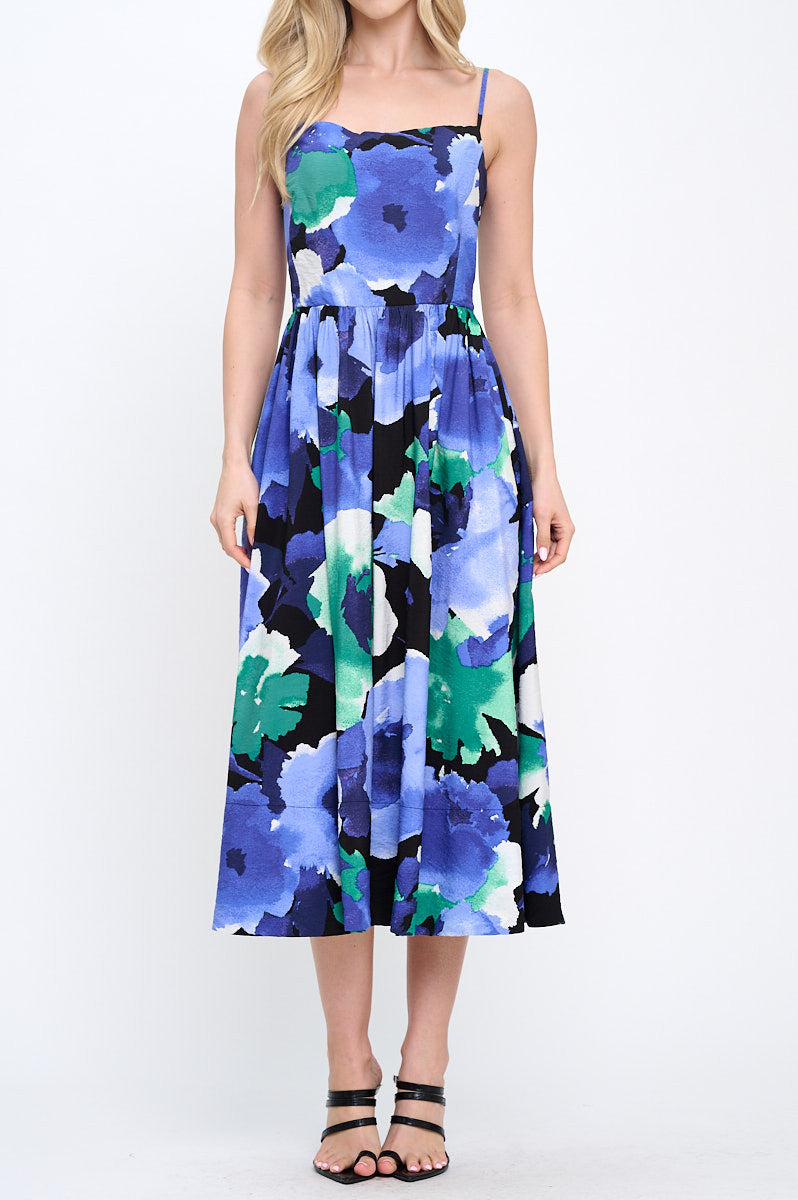 Floral Print Midi Dress with Smock Back Detail and Pockets-1