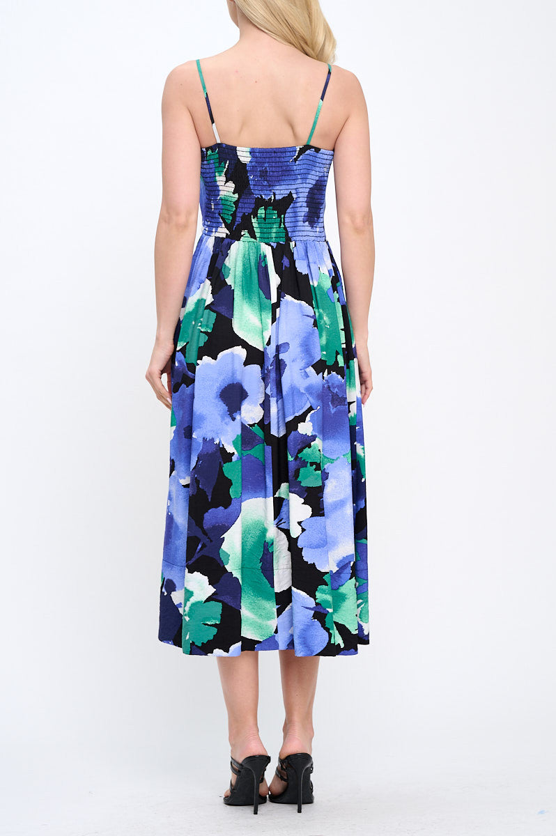 Floral Print Midi Dress with Smock Back Detail and Pockets-3
