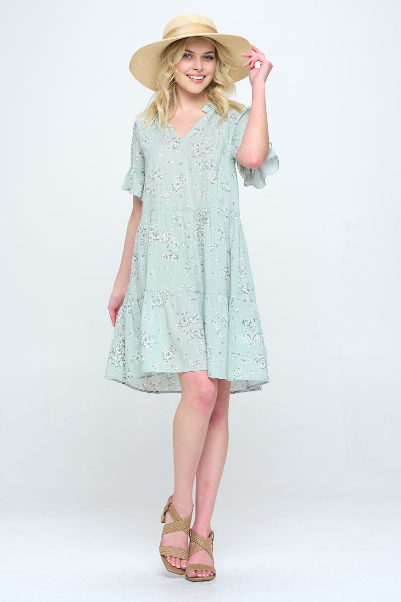Floral Print V Neck Tiered Dress-4