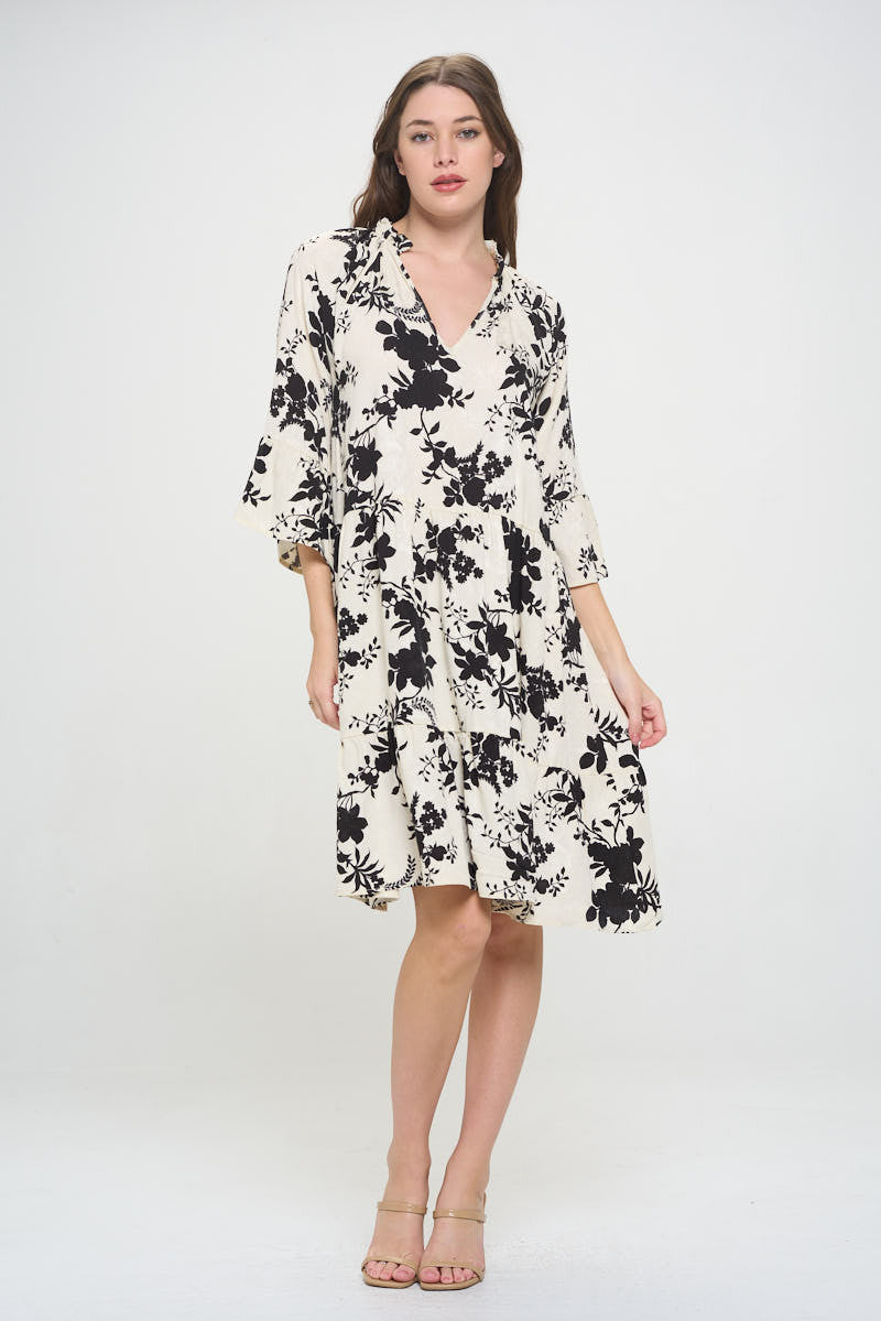 Floral Print V neck 3/4 Sleeve Tiered Dress-3