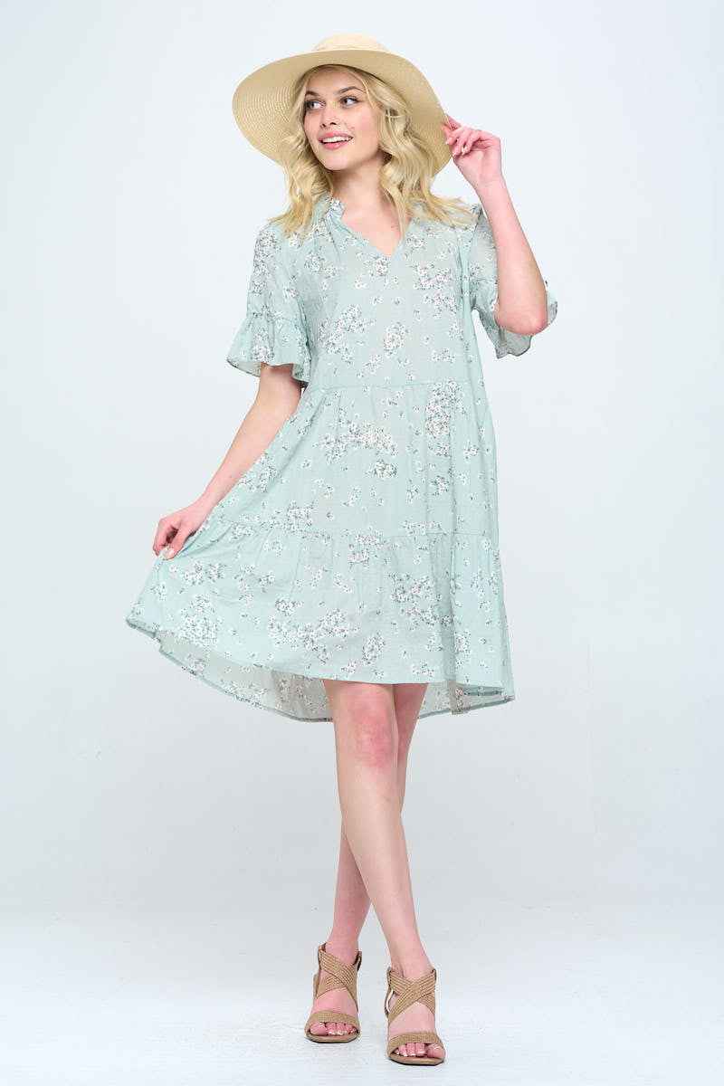 Floral Print V Neck Tiered Dress-3