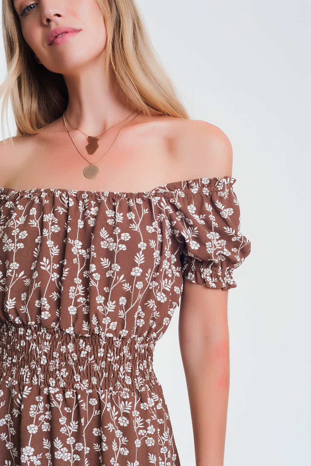 Brown Mini Bardot Dress in Floral Print-3