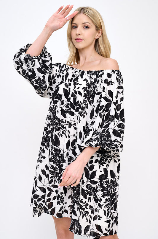 Floral Print Off the Shoulder Dress with Puff Sleeve-0