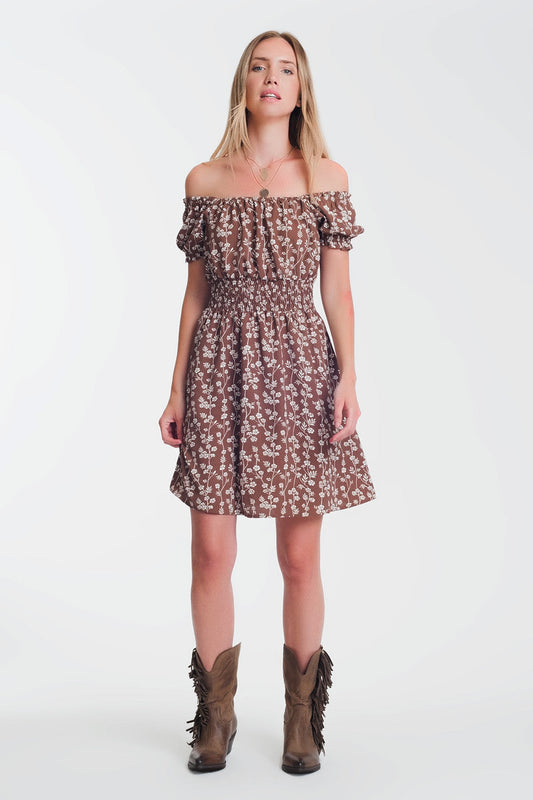 Brown Mini Bardot Dress in Floral Print-0