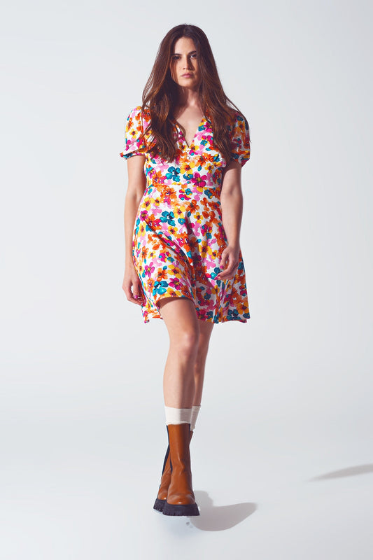 Short Dress With Cinched Waist in Multicolor Floral Print-0