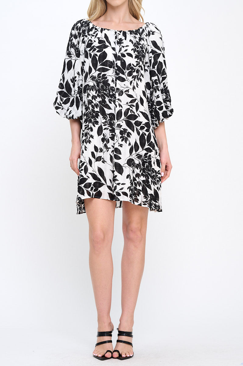 Floral Print Off the Shoulder Dress with Puff Sleeve-1