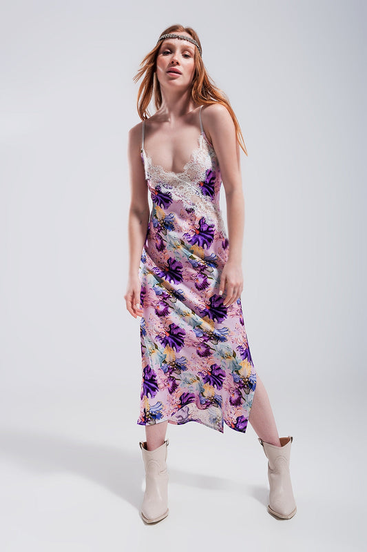 V Back Satin Midi Dress in Purple Floral Print-0