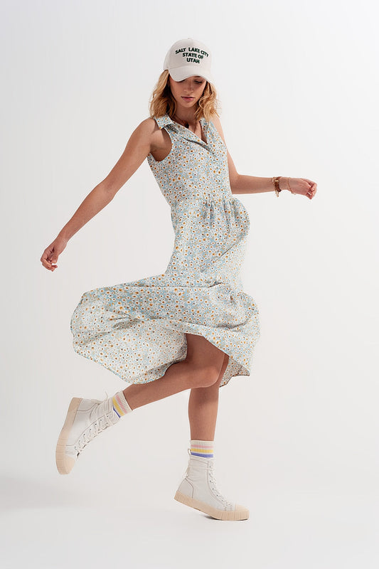 Sleeveless Shirt Dress in Blue Floral Print-0