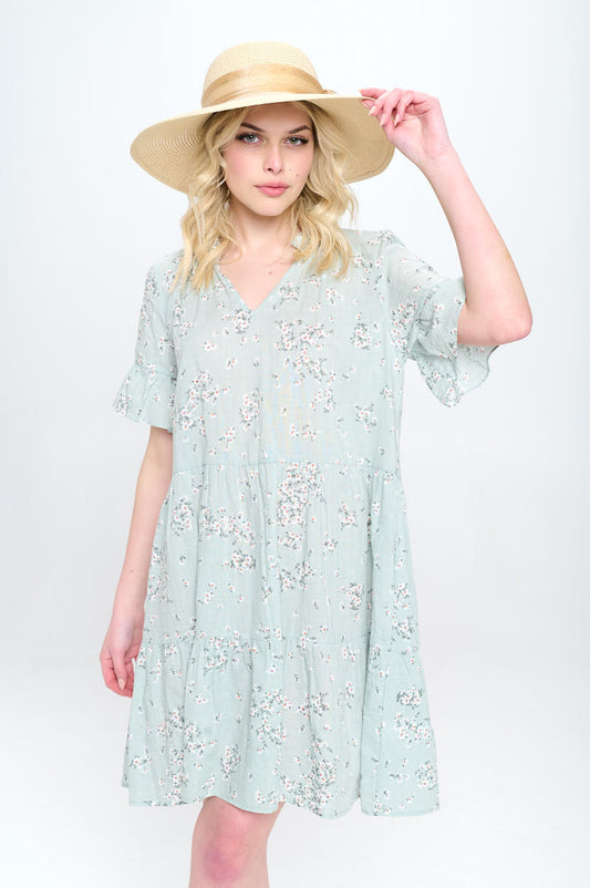 Floral Print V Neck Tiered Dress-0