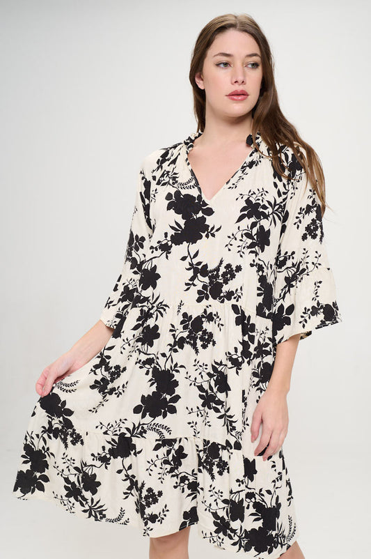 Floral Print V neck 3/4 Sleeve Tiered Dress-0