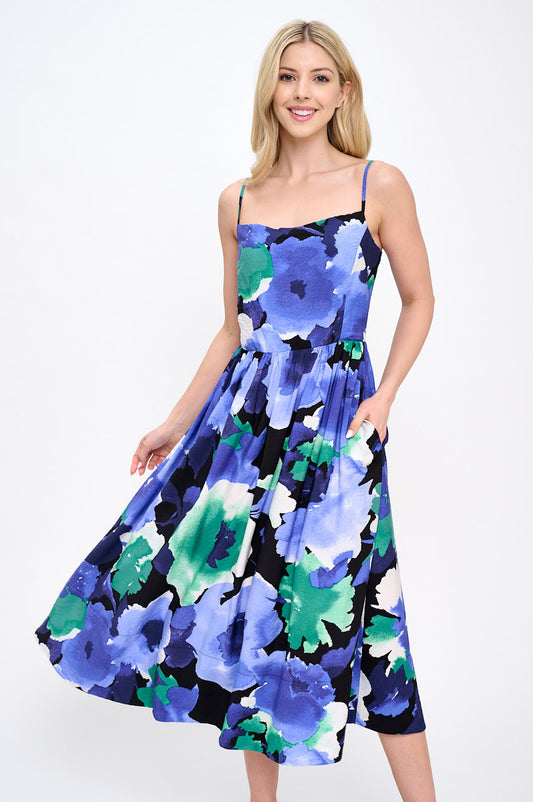 Floral Print Midi Dress with Smock Back Detail and Pockets-0