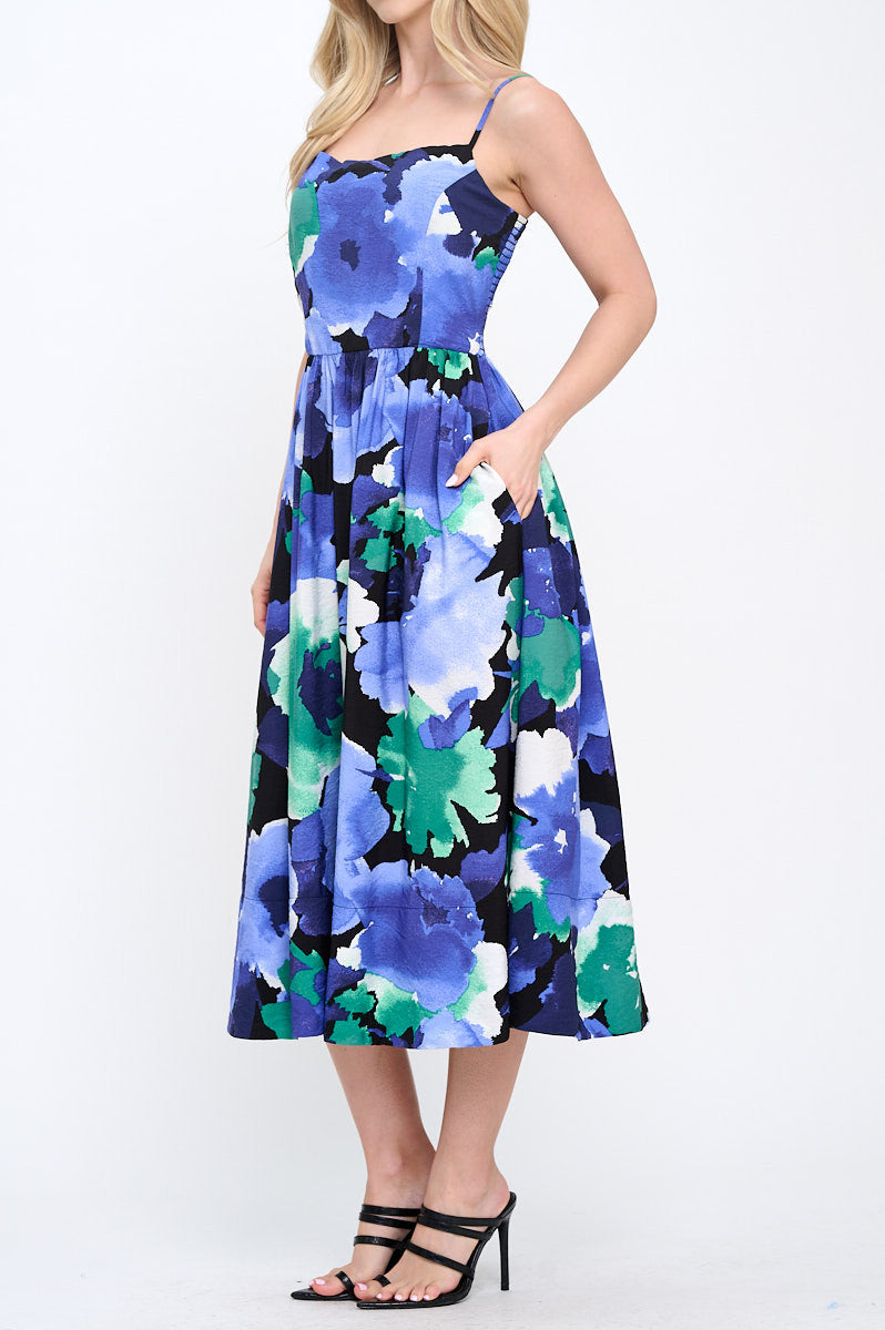 Floral Print Midi Dress with Smock Back Detail and Pockets-2