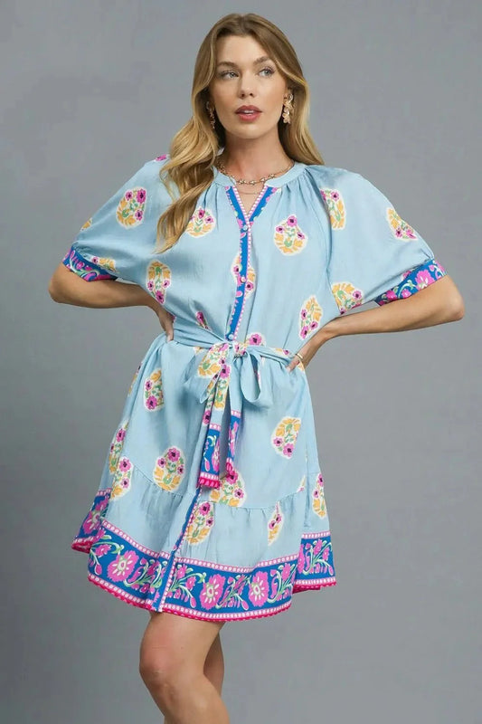 Umgee Floral Print Tie Waist Short Sleeve Dress-0